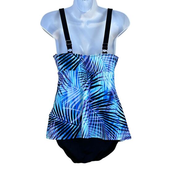 Swim Solutions Leaf It Alone Tiered Fauxkini One-Piece Blue Multi Women 8 - Picture 4 of 9